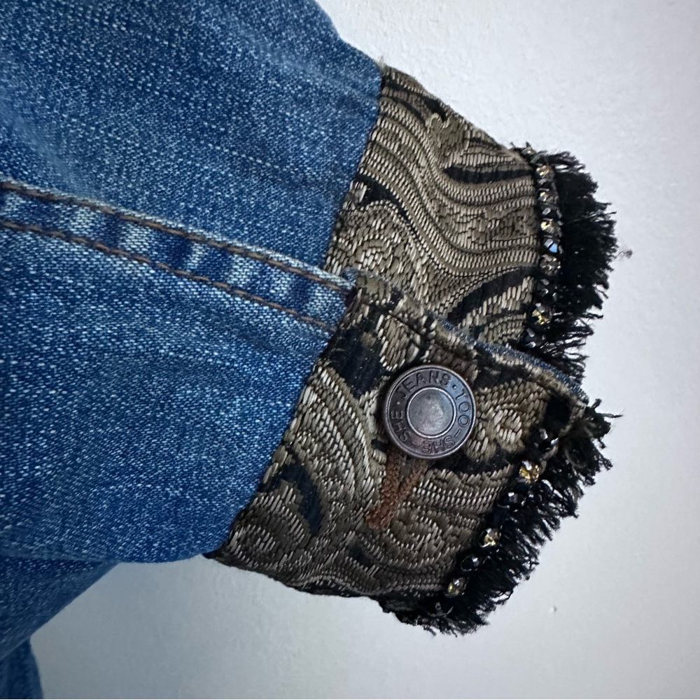 Blue Jean Brocade Jacket Rhinestone Bling Fall Jacket Versace Boho Medium - Picture 9 of 16
